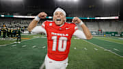 UNLV Rebels quarterback Anthony Colandrea (10) celebrates after the game against the Colorado State Rams at Sonny Lubick Field at Canvas Stadium. Mandatory Credit: Isaiah J. Downing-Imagn Images