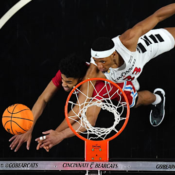 Cincinnati Bearcats forward Ody Oguama (33) defends the basket in the second half of a college basketball game against the Bradley Braves during a second-round game of the National Invitation Tournament,, Saturday, March 23, 2024, at Fifth Third Arena in Cincinnati.