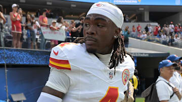 Kansas City Chiefs wide receiver Rashee Rice (4) leaves the field following the game against the Los Angeles Chargers at SoFi Stadium.
