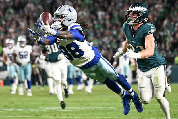 Dallas Cowboys WR CeeDee Lamb is unable to make a reception defended by Philadelphia Eagles CB Cooper DeJean.