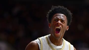 Nov 11, 2024; West Lafayette, Indiana, USA;  Purdue Boilermakers guard Myles Colvin (5) reacts to a break away dunk during the second half against the Yale Bulldogs at Mackey Arena. Mandatory Credit: Marc Lebryk-Imagn Images