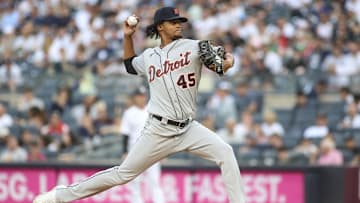 Jun 3, 2022; Bronx, New York, USA;  Detroit Tigers starting pitcher Elvin Rodriguez (45) pitches in the first inning against the New York Yankees at Yankee Stadium.