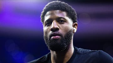 Mar 27, 2024; Philadelphia, Pennsylvania, USA; LA Clippers forward Paul George before action against the Philadelphia 76ers at Wells Fargo Center. Mandatory Credit: Bill Streicher-Imagn Images