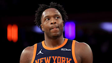Apr 21, 2025; New York, New York, USA; New York Knicks forward OG Anunoby (8) reacts during the third quarter of game two of the first round of the 2024 NBA Playoffs against the Detroit Pistons at Madison Square Garden. Mandatory Credit: Brad Penner-Imagn Images