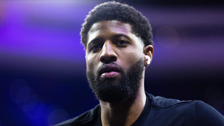 Philadelphia, Pennsylvania, USA; LA Clippers forward Paul George before action against the Philadelphia 76ers at Wells Fargo Center. Mandatory Credit: