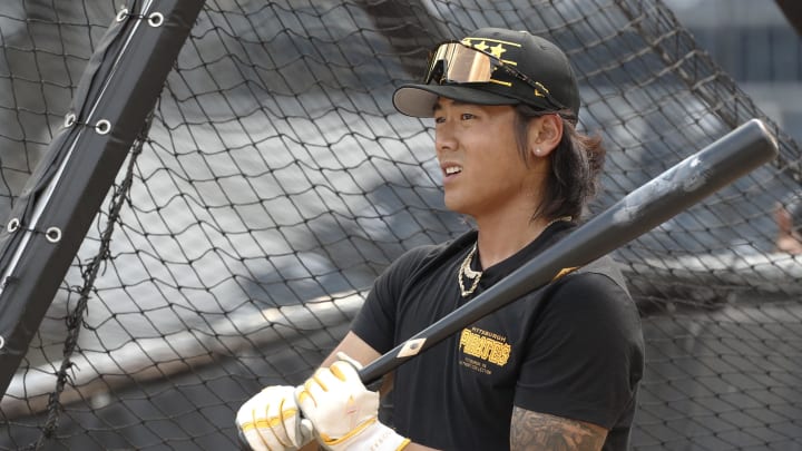 May 21, 2024; Pittsburgh, Pennsylvania, USA;  Pittsburgh Pirates center fielder Ji  Hwan Bae (3) at the batting cage before the game against the San Francisco Giants at PNC Park. Mandatory Credit: Charles LeClaire-USA TODAY Sports