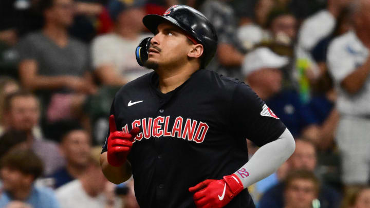 Aug 17, 2024; Milwaukee, Wisconsin, USA; Cleveland Guardians first baseman Josh Naylor (22) runs the bases after hitting a solo home run against the Milwaukee Brewers in the fourth inning at American Family Field. Mandatory Credit: Benny Sieu-USA TODAY Sports