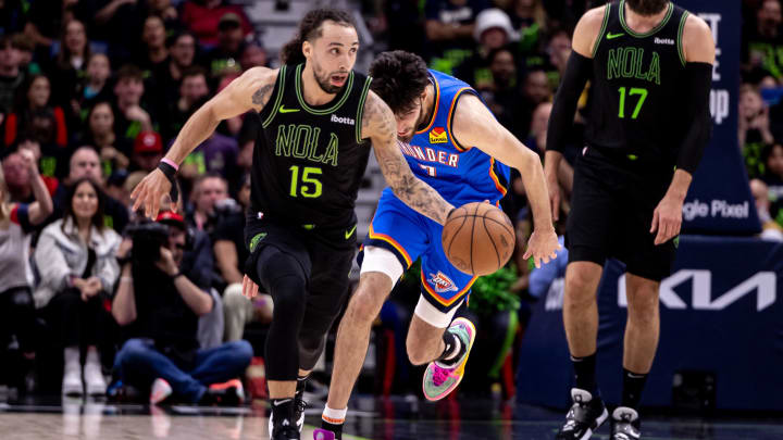 Apr 29, 2024; New Orleans, Louisiana, USA; New Orleans Pelicans guard Jose Alvarado (15) brings the ball up court against Oklahoma City Thunder forward Chet Holmgren (7) during the first half of game four of the first round for the 2024 NBA playoffs at Smoothie King Center.