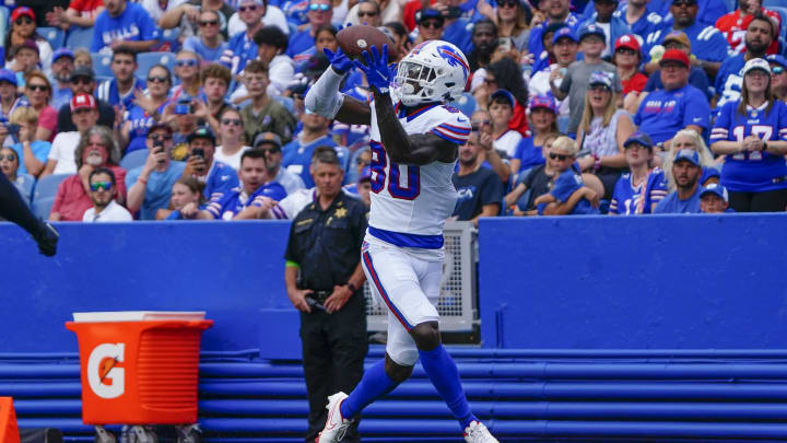 Aug 12, 2023; Orchard Park, New York, USA; Buffalo Bills wide receiver Tyrell Shavers (80) catches a pass and scores a touchdown against the Indianapolis Colts during the second half at Highmark Stadium. Mandatory Credit: Gregory Fisher-USA TODAY Sports