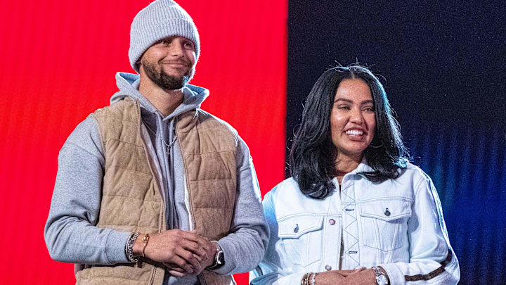 Golden State Warriors guard Stephen Curry (30) and wife Ayesha Curry (right) during the 2022 NBA All-Star Saturday Night at Rocket Mortgage Field House. Golden State Warriors guard Stephen Curry (30) and wife Ayesha Curry (right) during the 2022 NBA All-Star Saturday Night at Rocket Mortgage Field House.