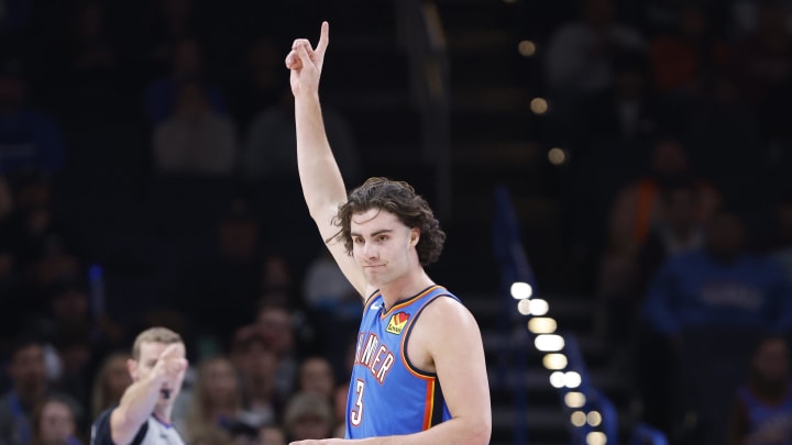 Oct 30, 2023; Oklahoma City, Oklahoma, USA; Oklahoma City Thunder guard Josh Giddey (3) celebrates a made basket against the Detroit Pistons during the second half at Paycom Center. Oklahoma City won 124-112. Mandatory Credit: Alonzo Adams-USA TODAY Sports