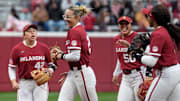 Oklahoma's Sam Landry (21) celebrates after an out during the college softball game between the University of Oklahoma Sooners and the UCF Knights at Love's Field in Norman, Okla., Friday, April 4, 2025.