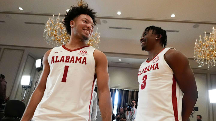 Alabama players Mark Sears and Latrell Wrightsell wait to be interviewed during SEC Media Day at the Grand Bohemian Hotel in Mountain Brook Tuesday, Oct. 15, 2024.