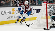 Dec 19, 2024; San Jose, California, USA;  Colorado Avalanche right wing Mikko Rantanen (96) skates around the back of the net against the San Jose Sharks in the first period at SAP Center at San Jose. Mandatory Credit: David Gonzales-Imagn Images