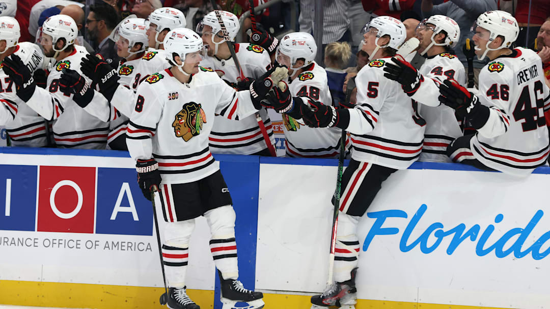 Oct 23, 2025; Tampa, Florida, USA; Chicago Blackhawks center Ryan Donato (8) is congratulated after he scored a goal against the Tampa Bay Lightning  during the third period at Benchmark International Arena. Mandatory Credit: Kim Klement Neitzel-Imagn Images Oct 23, 2025; Tampa, Florida, USA; Chicago Blackhawks center Ryan Donato (8) is congratulated after he scored a goal against the Tampa Bay Lightning  during the third period at Benchmark International Arena. Mandatory Credit: Kim Klement Neitzel-Imagn Images