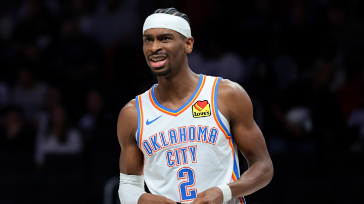 Jan 17, 2026; Miami, Florida, USA; Oklahoma City Thunder guard Shai Gilgeous-Alexander (2) reacts against the Miami Heat during the first quarter at Kaseya Center. Mandatory Credit: Sam Navarro-Imagn Images
