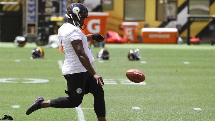 Jun 15, 2021; Pittsburgh, PA, USA;  Pittsburgh Steelers punter Pressley Harvin III (6) participates in drills during minicamp held at Heinz Field. Mandatory Credit: Charles LeClaire-USA TODAY Sports