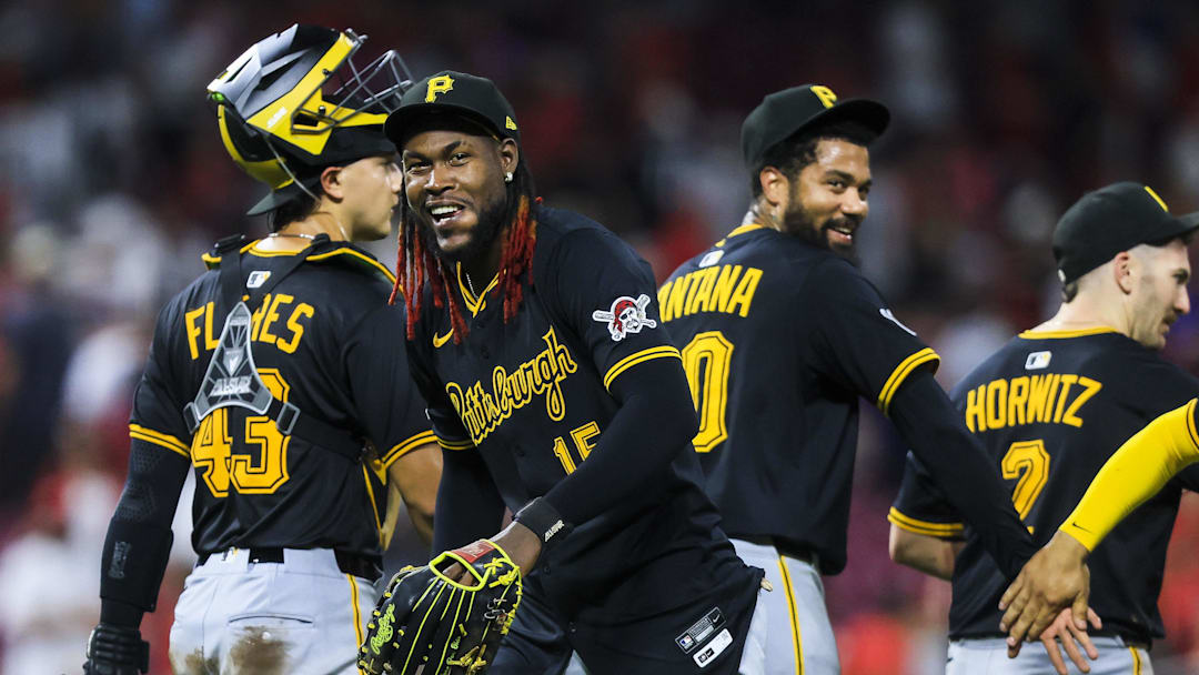 Sep 23, 2025; Cincinnati, Ohio, USA; Pittsburgh Pirates outfielder Oneil Cruz (15) reacts after the victory over the Cincinnati Reds at Great American Ball Park. Mandatory Credit: Katie Stratman-Imagn Images