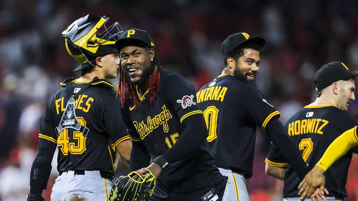 Sep 23, 2025; Cincinnati, Ohio, USA; Pittsburgh Pirates outfielder Oneil Cruz (15) reacts after the victory over the Cincinnati Reds at Great American Ball Park. Mandatory Credit: Katie Stratman-Imagn Images
