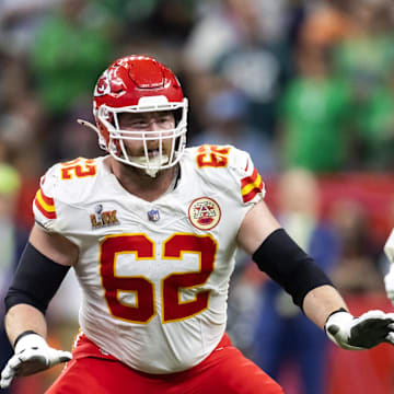 Feb 9, 2025; New Orleans, LA, USA;  Kansas City Chiefs guard Joe Thuney (62)  blocks for quarterback Patrick Mahomes (15) against the Philadelphia Eagles in Super Bowl LIX at Ceasars Superdome. Mandatory Credit: Mark J. Rebilas-Imagn Images