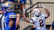 Oklahoma State wide receiver Talyn Shettron (2) celebrates after scoring in the first half during an NCAA football game between Oklahoma State and Tulsa in Tulsa, Okla., on Saturday, Sept. 14, 2024.