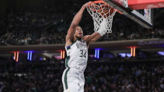 Dec 23, 2023; New York, New York, USA;  Milwaukee Bucks forward Giannis Antetokounmpo (34) dunks in the fourth quarter against the New York Knicks at Madison Square Garden. Mandatory Credit: Wendell Cruz-Imagn Images