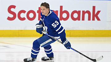 Oct 13, 2025; Toronto, Ontario, CAN; Toronto Maple Leafs right wing Easton Cowan (53) takes his first NHL pregame skate against the Detroit Red Wings at Scotiabank Arena. Mandatory Credit: Gerry Angus-Imagn Images