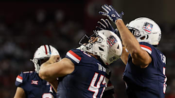 Oct 5, 2024; Tucson, Arizona, USA; Arizona Wildcats defensive lineman Stanley Ta’ufo’ou (47) celebrates a sack against Texas Tech Red Raiders during second quarter at Arizona Stadium. Mandatory Credit: Aryanna Frank-Imagn Images