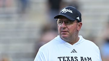 Oct 4, 2025; College Station, Texas, USA; Texas A&M Aggies head coach Mike Elko looks on prior to the game against the Mississippi State Bulldogs at Kyle Field. Mandatory Credit: Maria Lysaker-Imagn Images 