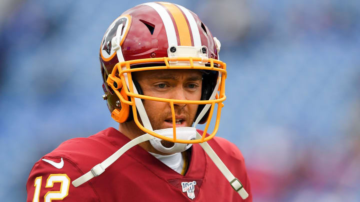 Nov 3, 2019; Orchard Park, NY, USA; Washington Redskins quarterback Colt McCoy (12) looks on prior to the game against the Buffalo Bills at New Era Field. Mandatory Credit: Rich Barnes-USA TODAY Sports