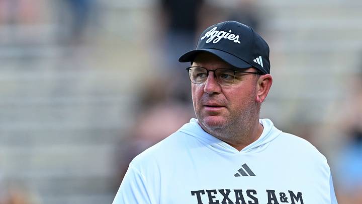 Oct 4, 2025; College Station, Texas, USA; Texas A&M Aggies head coach Mike Elko looks on prior to the game against the Mississippi State Bulldogs at Kyle Field. Mandatory Credit: Maria Lysaker-Imagn Images