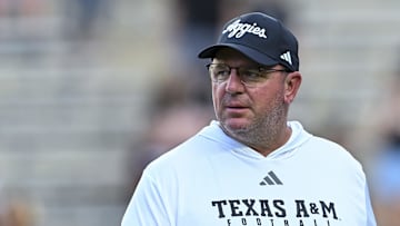 Oct 4, 2025; College Station, Texas, USA; Texas A&M Aggies head coach Mike Elko looks on prior to the game against the Mississippi State Bulldogs at Kyle Field. Mandatory Credit: Maria Lysaker-Imagn Images 