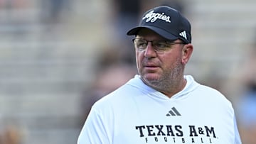 Texas A&M Aggies head coach Mike Elko looks on prior to the game against the Mississippi State Bulldogs at Kyle Field.
