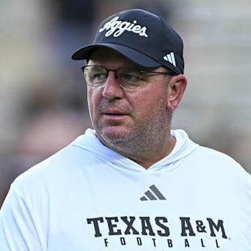 Oct 4, 2025; College Station, Texas, USA; Texas A&M Aggies head coach Mike Elko looks on prior to the game against the Mississippi State Bulldogs at Kyle Field. Mandatory Credit: Maria Lysaker-Imagn Images 