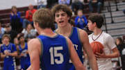 Olentangy Liberty's Tyler Kropp celebrates Parker Van Engelenhoven's basket against Newark during the visiting Patriots' 58-49 victory at Jimmy Allen Gymnasium on Tuesday, Dec. 19, 2023.