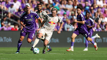 Apr 12, 2025; Orlando, Florida, USA; New York Red Bulls midfielder Emil Forsberg (10) controls the ball against Orlando City in the first half at Inter&Co Stadium. Mandatory Credit: Nathan Ray Seebeck-Imagn Images