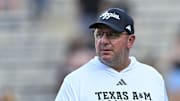 Texas A&M Aggies head coach Mike Elko looks on prior to the game against the Mississippi State Bulldogs at Kyle Field.