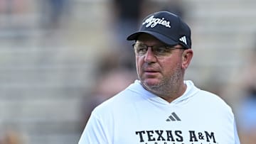 Texas A&M Aggies head coach Mike Elko looks on prior to the game against the Mississippi State Bulldogs at Kyle Field.