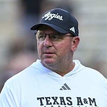 Texas A&M Aggies head coach Mike Elko looks on prior to the game against the Mississippi State Bulldogs at Kyle Field.
