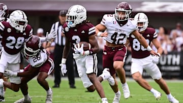 Aug 31, 2024; Starkville, Mississippi, USA; Mississippi State Bulldogs wide receiver Kevin Coleman (3) runs the ball against the Eastern Kentucky Colonels during the first quarter at Davis Wade Stadium at Scott Field. Mandatory Credit: Matt Bush-Imagn Images