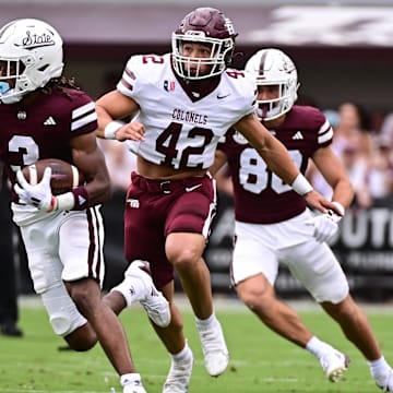 Aug 31, 2024; Starkville, Mississippi, USA; Mississippi State Bulldogs wide receiver Kevin Coleman (3) runs the ball against the Eastern Kentucky Colonels during the first quarter at Davis Wade Stadium at Scott Field. Mandatory Credit: Matt Bush-Imagn Images