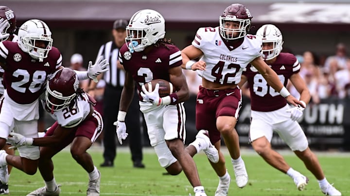 Aug 31, 2024; Starkville, Mississippi, USA; Mississippi State Bulldogs wide receiver Kevin Coleman (3) runs the ball against the Eastern Kentucky Colonels during the first quarter at Davis Wade Stadium at Scott Field. Mandatory Credit: Matt Bush-Imagn Images