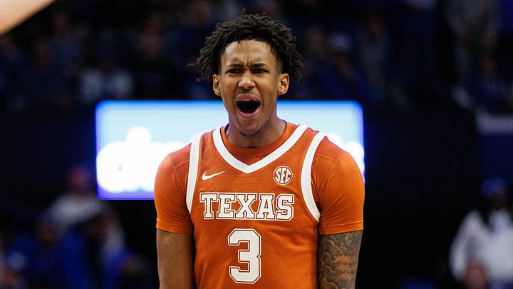 Jan 21, 2026; Lexington, Kentucky, USA; Texas Longhorns forward Dailyn Swain (3) celebrates after center Matas Vokietaitis (8) scores a basket during the first half against the Kentucky Wildcats at Rupp Arena at Central Bank Center. Mandatory Credit: Jordan Prather-Imagn Images