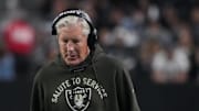 Nov 17, 2025; Paradise, Nevada, USA;  Las Vegas Raiders head coach Pete Carroll walks the sidelines against the Dallas Cowboys during the first half at Allegiant Stadium. Mandatory Credit: Kirby Lee-Imagn Images