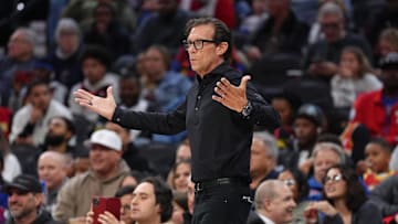 Apr 11, 2025; Philadelphia, Pennsylvania, USA; Atlanta Hawks head coach Quin Snyder reacts against the Philadelphia 76ers in the third quarter at Wells Fargo Center. Mandatory Credit: Kyle Ross-Imagn Images