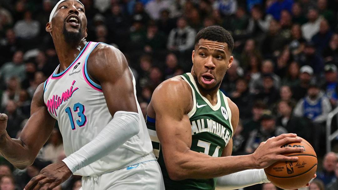 Jan 23, 2025; Milwaukee, Wisconsin, USA; Milwaukee Bucks forward Giannis Antetokounmpo (34) looks for a shot against Miami Heat center Bam Adebayo (13) in the second quarter at Fiserv Forum. Mandatory Credit: Benny Sieu-Imagn Images Jan 23, 2025; Milwaukee, Wisconsin, USA; Milwaukee Bucks forward Giannis Antetokounmpo (34) looks for a shot against Miami Heat center Bam Adebayo (13) in the second quarter at Fiserv Forum. Mandatory Credit: Benny Sieu-Imagn Images