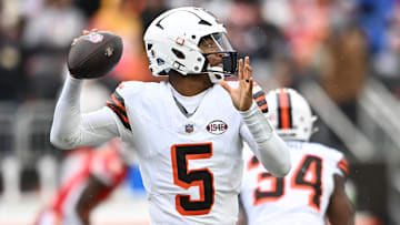 Dec 15, 2024; Cleveland, Ohio, USA; Cleveland Browns quarterback Jameis Winston (5) throws a pass during the first half against the Kansas City Chiefs at Huntington Bank Field. Mandatory Credit: Ken Blaze-Imagn Images