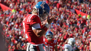 Sep 7, 2024; Oxford, Mississippi, USA; Mississippi Rebels quarterback Jaxson Dart (2) reacts after a touchdown during the first half against the Middle Tennessee Blue Raiders at Vaught-Hemingway Stadium. Mandatory Credit: Petre Thomas-Imagn Images