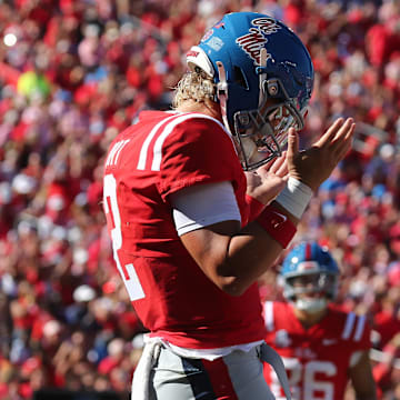 Sep 7, 2024; Oxford, Mississippi, USA; Mississippi Rebels quarterback Jaxson Dart (2) reacts after a touchdown during the first half against the Middle Tennessee Blue Raiders at Vaught-Hemingway Stadium. Mandatory Credit: Petre Thomas-Imagn Images