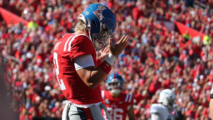 Sep 7, 2024; Oxford, Mississippi, USA; Mississippi Rebels quarterback Jaxson Dart (2) reacts after a touchdown during the first half against the Middle Tennessee Blue Raiders at Vaught-Hemingway Stadium. Mandatory Credit: Petre Thomas-Imagn Images